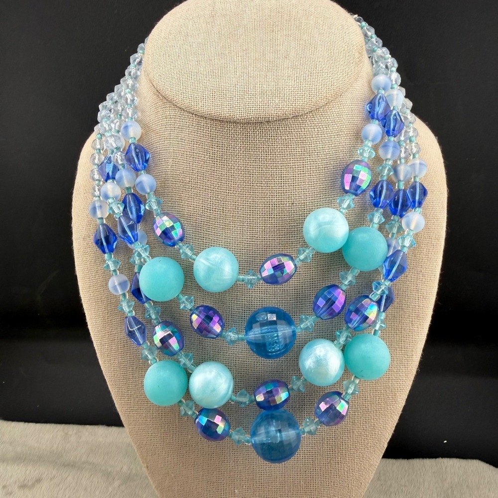 Vintage Western Germany Necklace Blue AB Layered Glass Beaded 15"